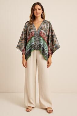 Anthropologie Kas New York Satin Colorful Flowy Blouse Vacation Resort Large M